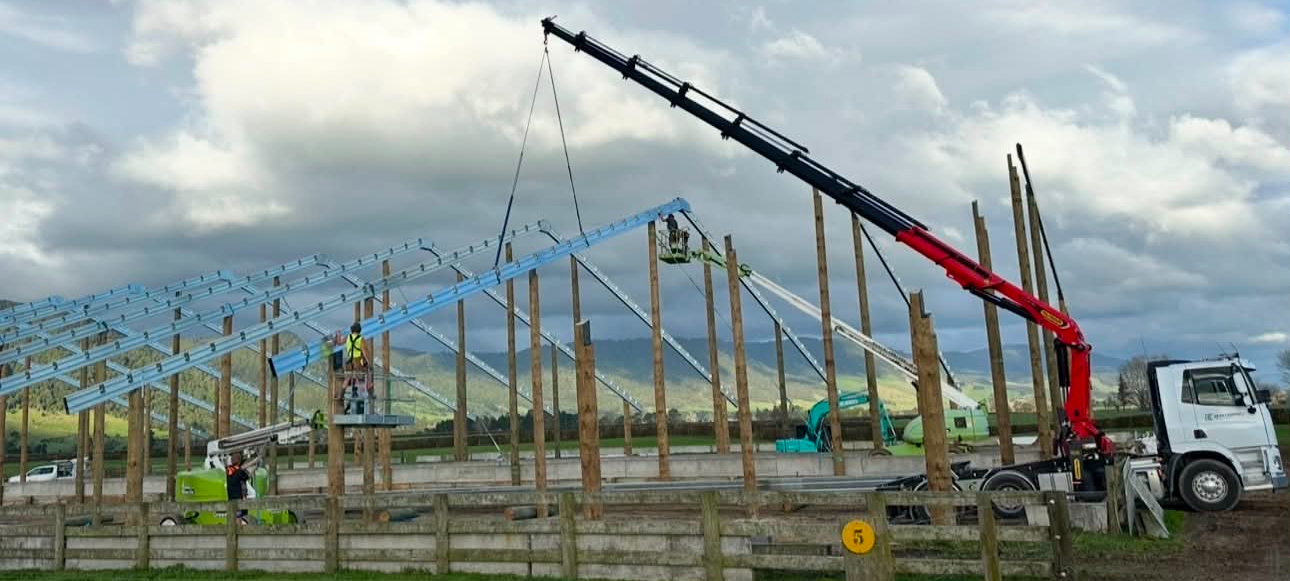 HIAB crane lifting purlins onto a shed frame